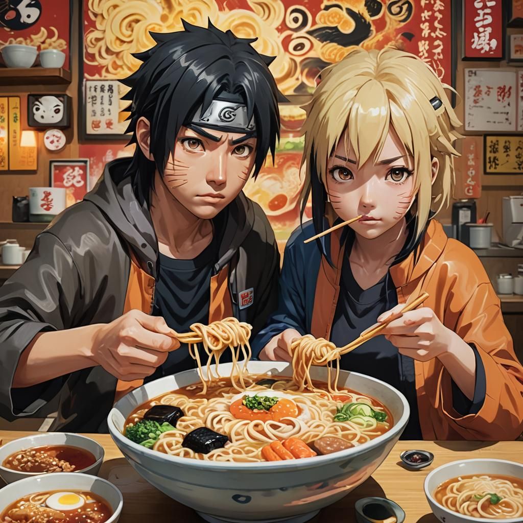 Blonde Naruto and Hinata Enjoying Ramen, Hyperrealistic Art