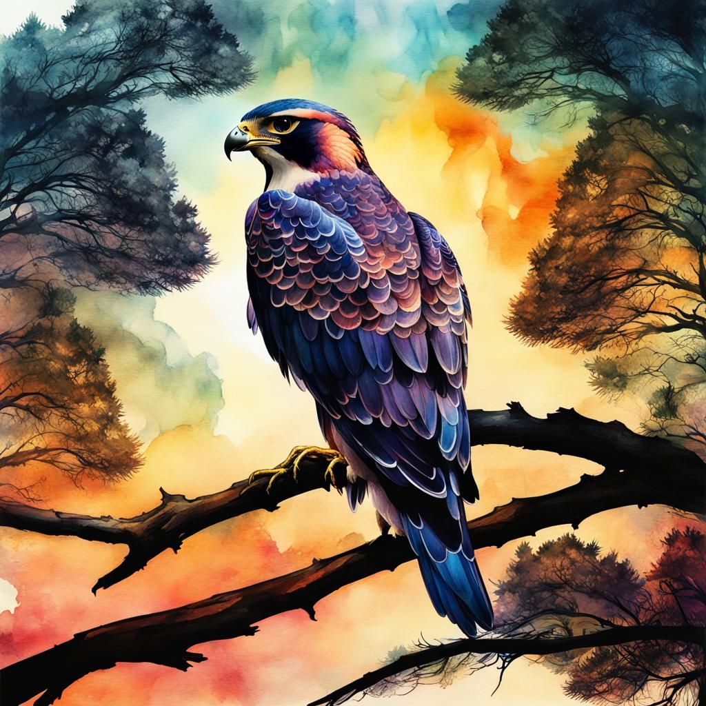 Falcon Silhouette on Forest Limb, Watercolor Illustration