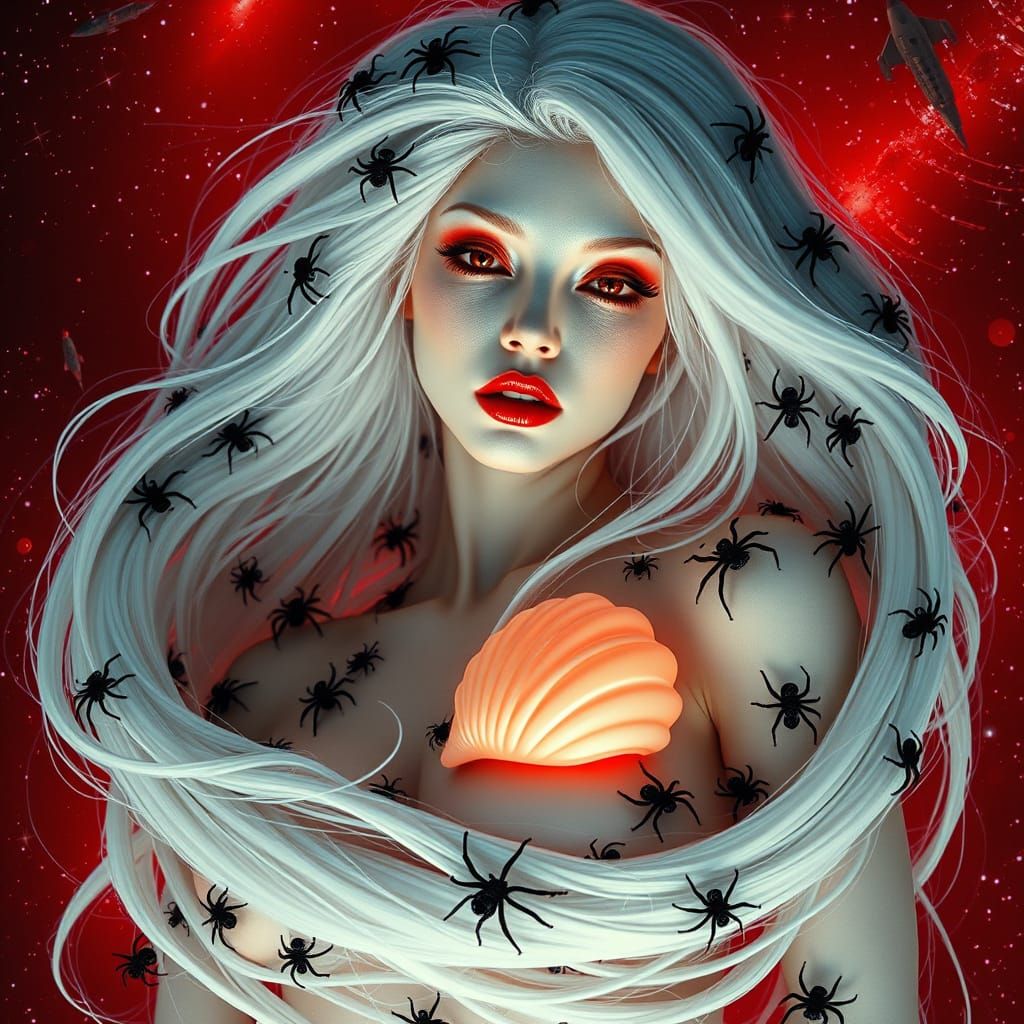 Renaissance Woman Dancing with Spiders in Cosmic Background