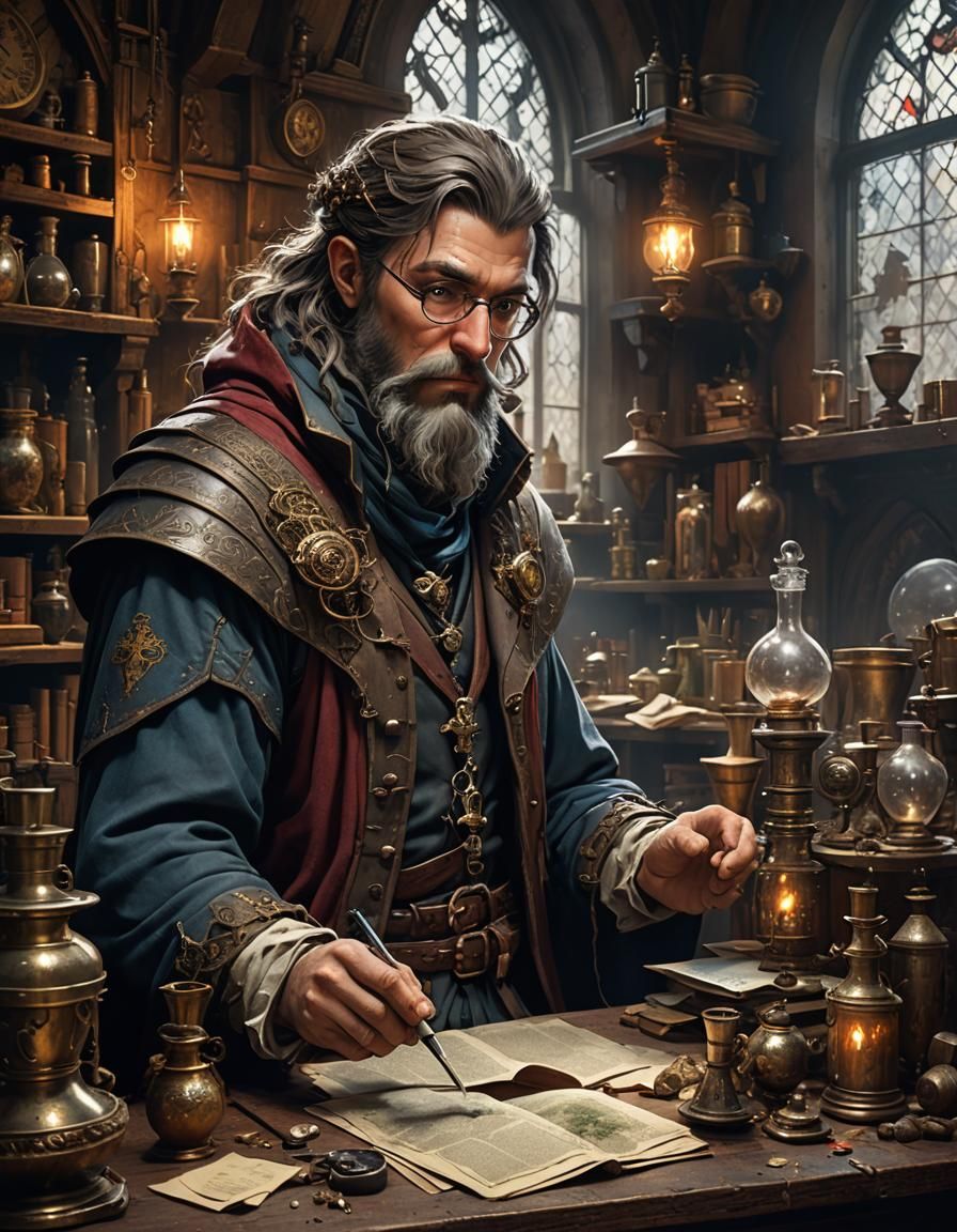 Alchemist in Medieval Office, Fantasycore Digital Art