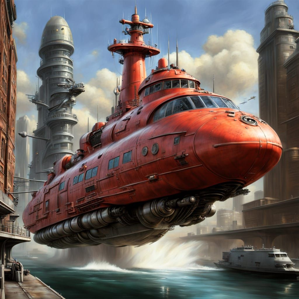 Sci-fi lightship speeding through an urban landscape, motion blur, Jim Burns