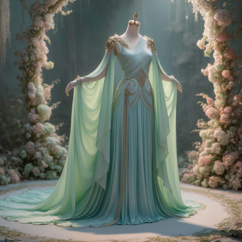 Greek Princess Dress on Dress Form in Mystical Garden