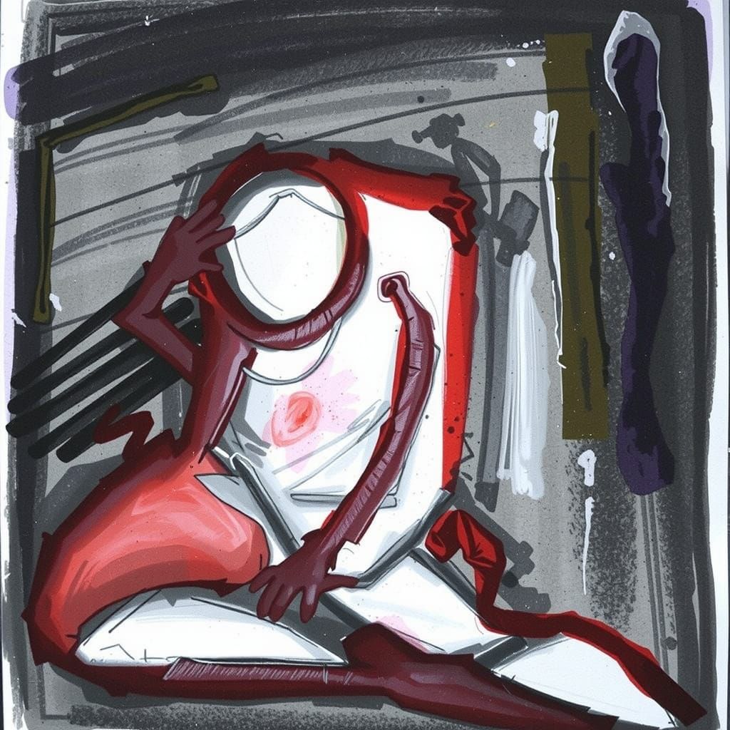 Contemplative Figure in Red and Black Brushstrokes