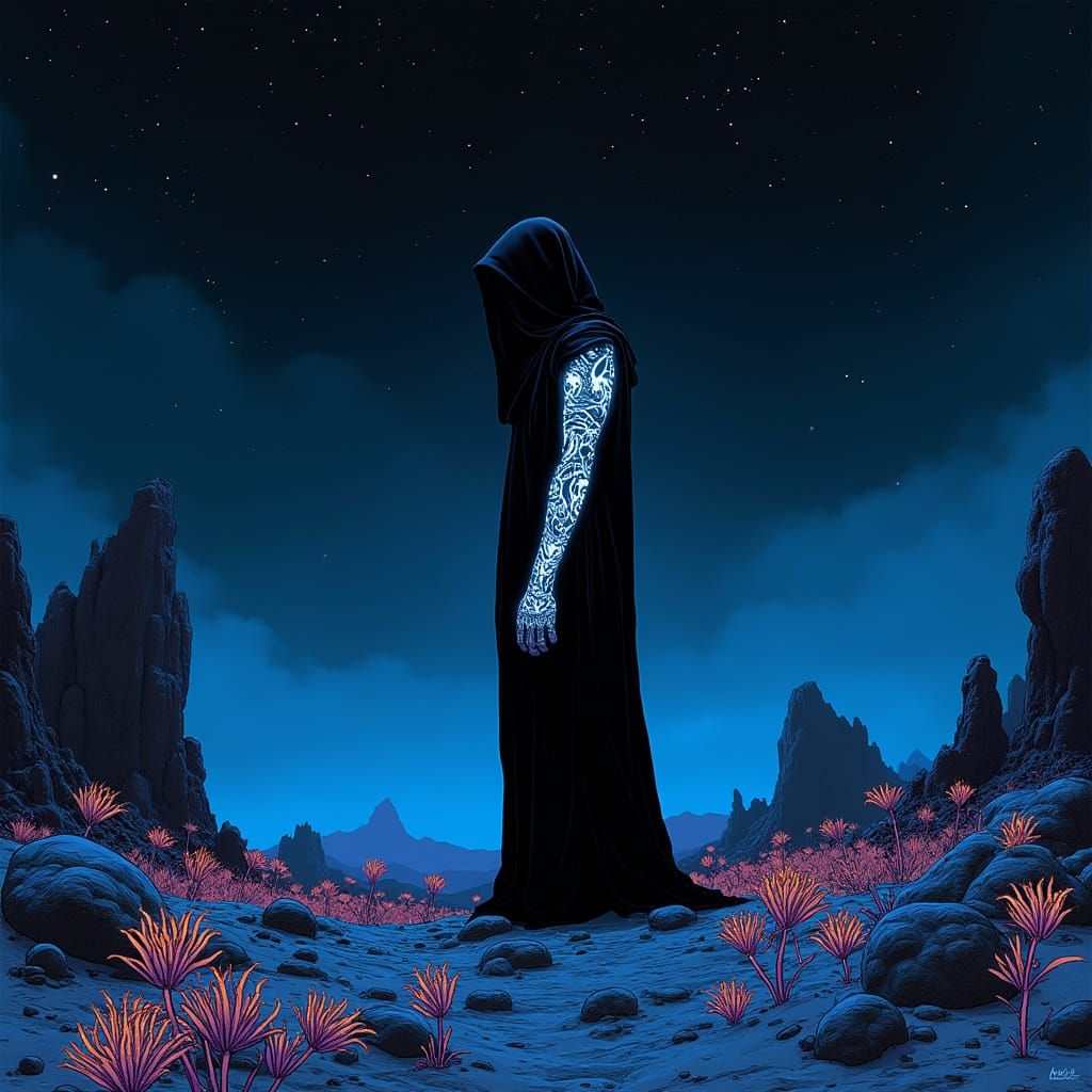 Ethereal Figure in Alien Landscape, Surrealist Style