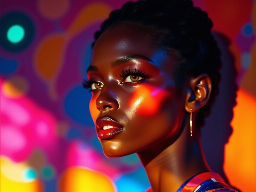 Determined Woman Illuminated by Accomplishments in Vivid Col...