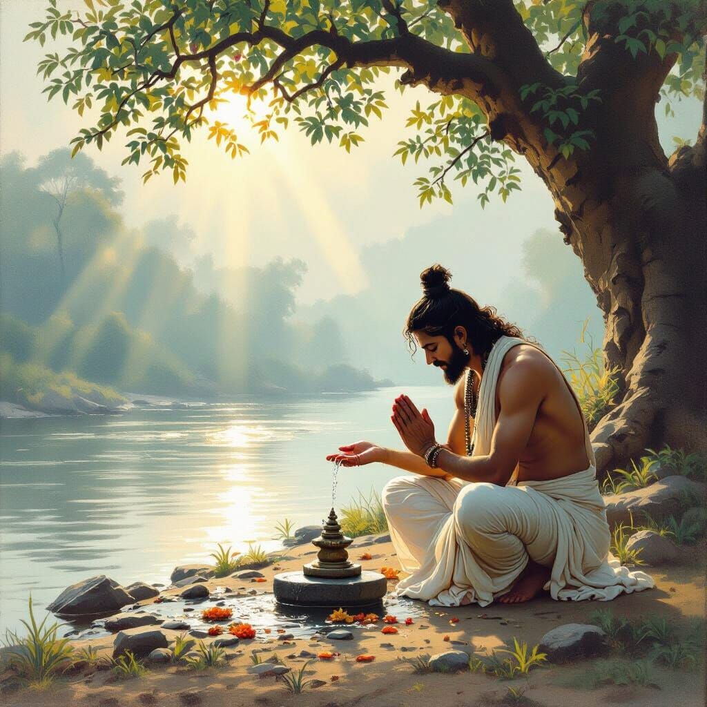 Farmer's Prayer: A Riverbank Shivling Scene