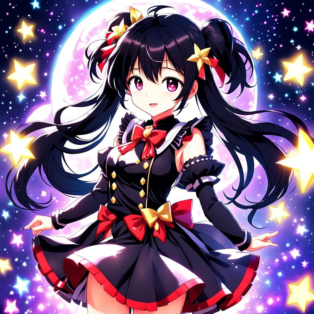 Cute Magical Girl with Black Hair in Anime Style