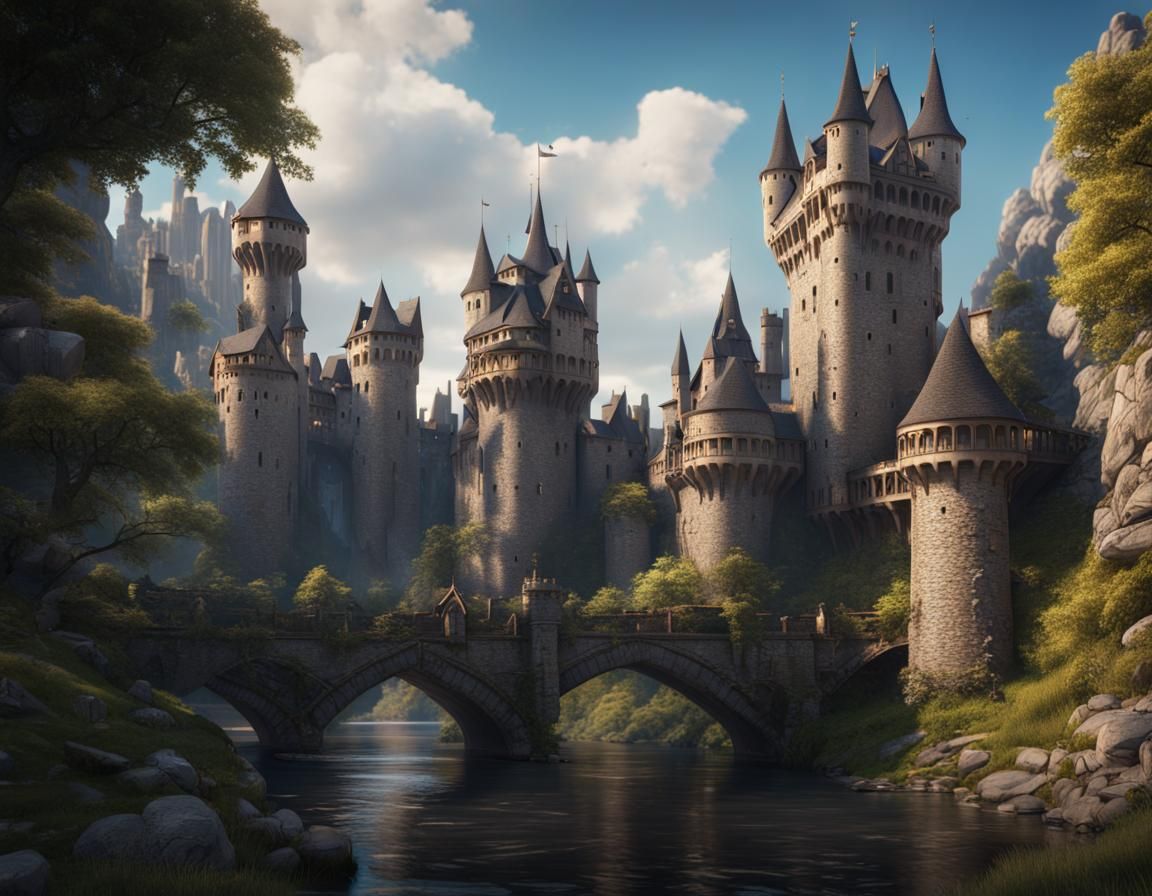 Medieval Castle with Towers and Bridges in Detailed Matte Pa...