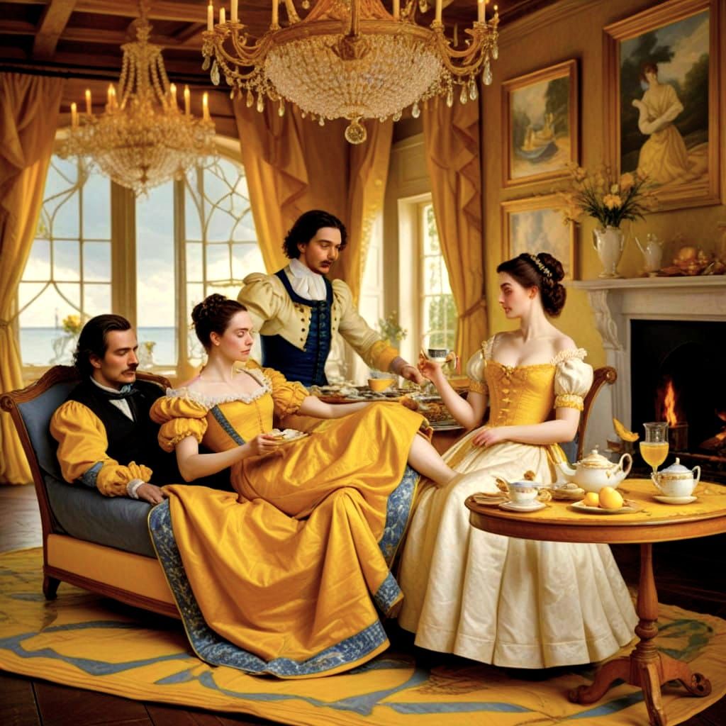 Lady in Yellow Gown Rowing Boat with Lover and Teacups in Im...