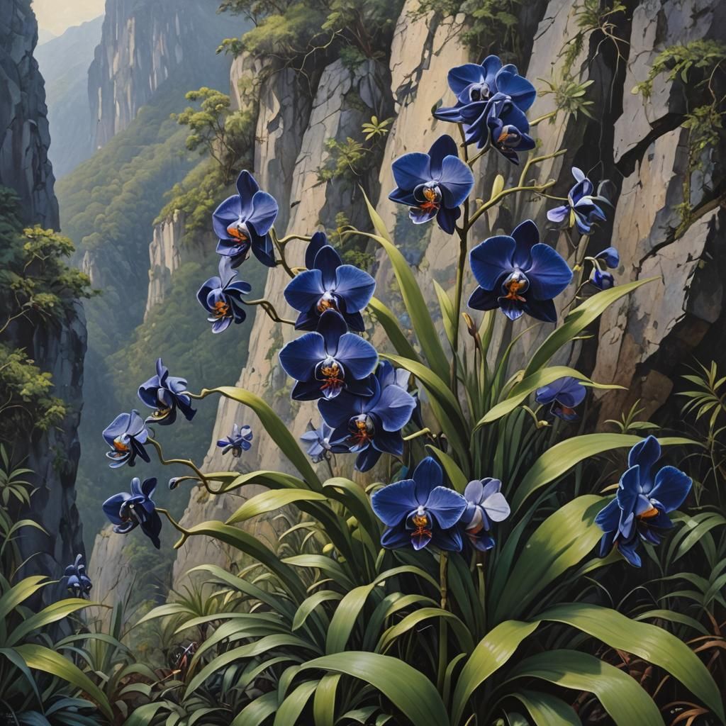 Navy Blue Orchids on Mountainside in Oil Painting Style
