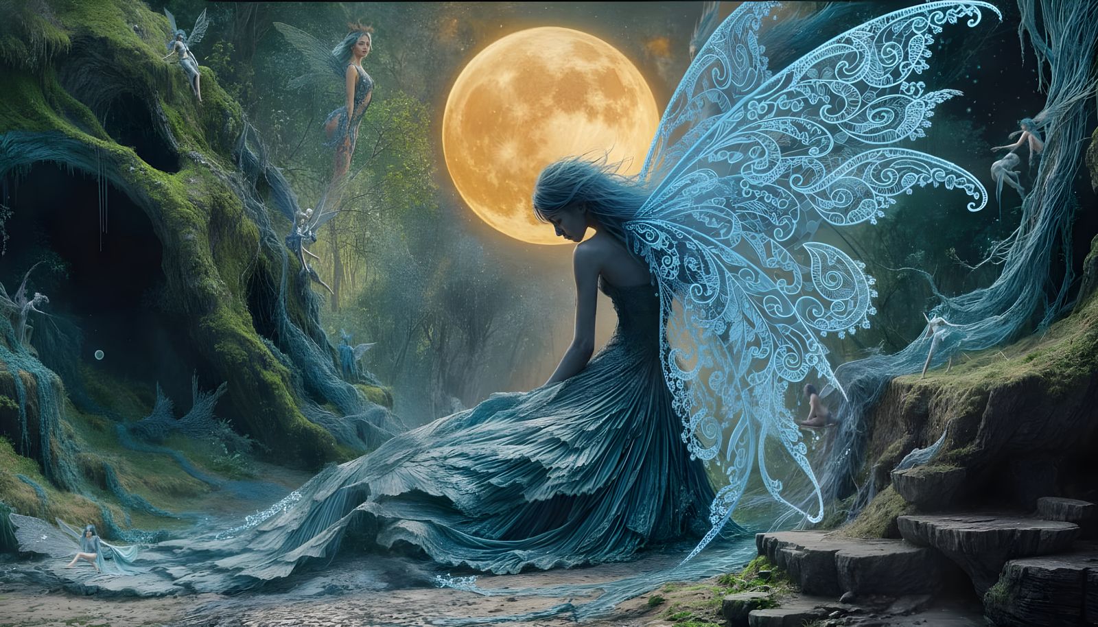 Blue Haired Fairy Under Yellow Moon in Dark Oil Paint Style