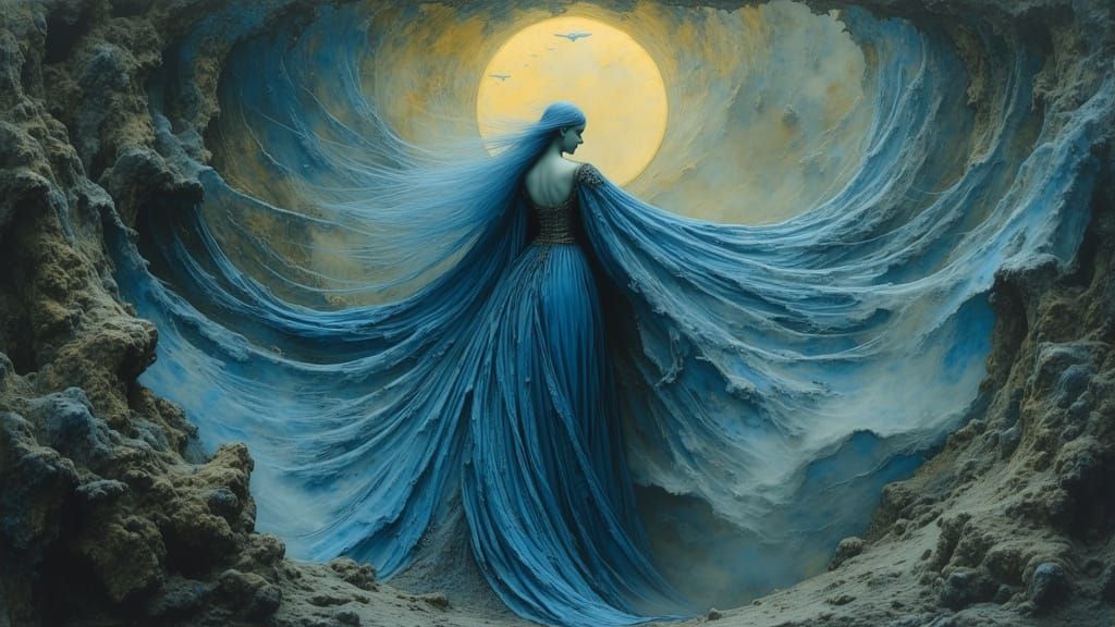 Blue Haired Fairy in Lace Wings Under Yellow Moon