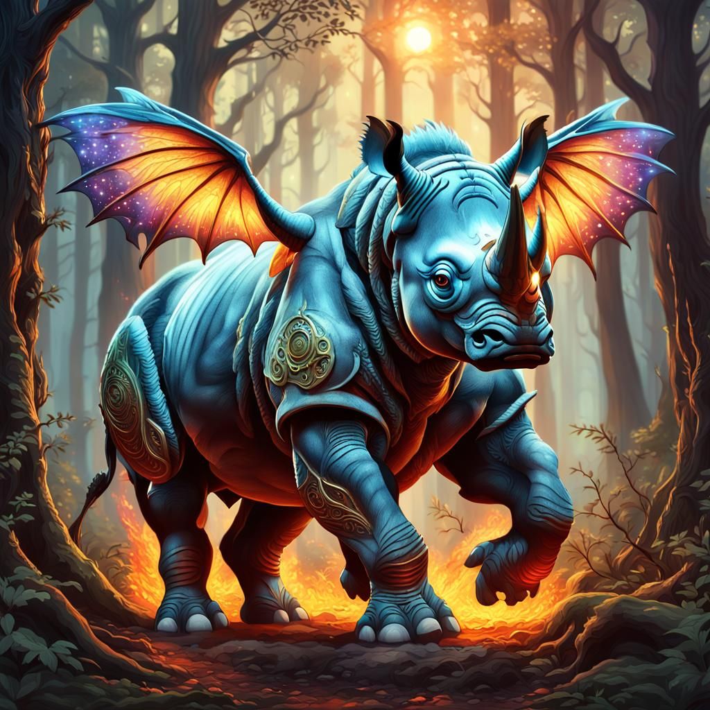 Angelic Chibi Fire Rhino in Mystical Forest