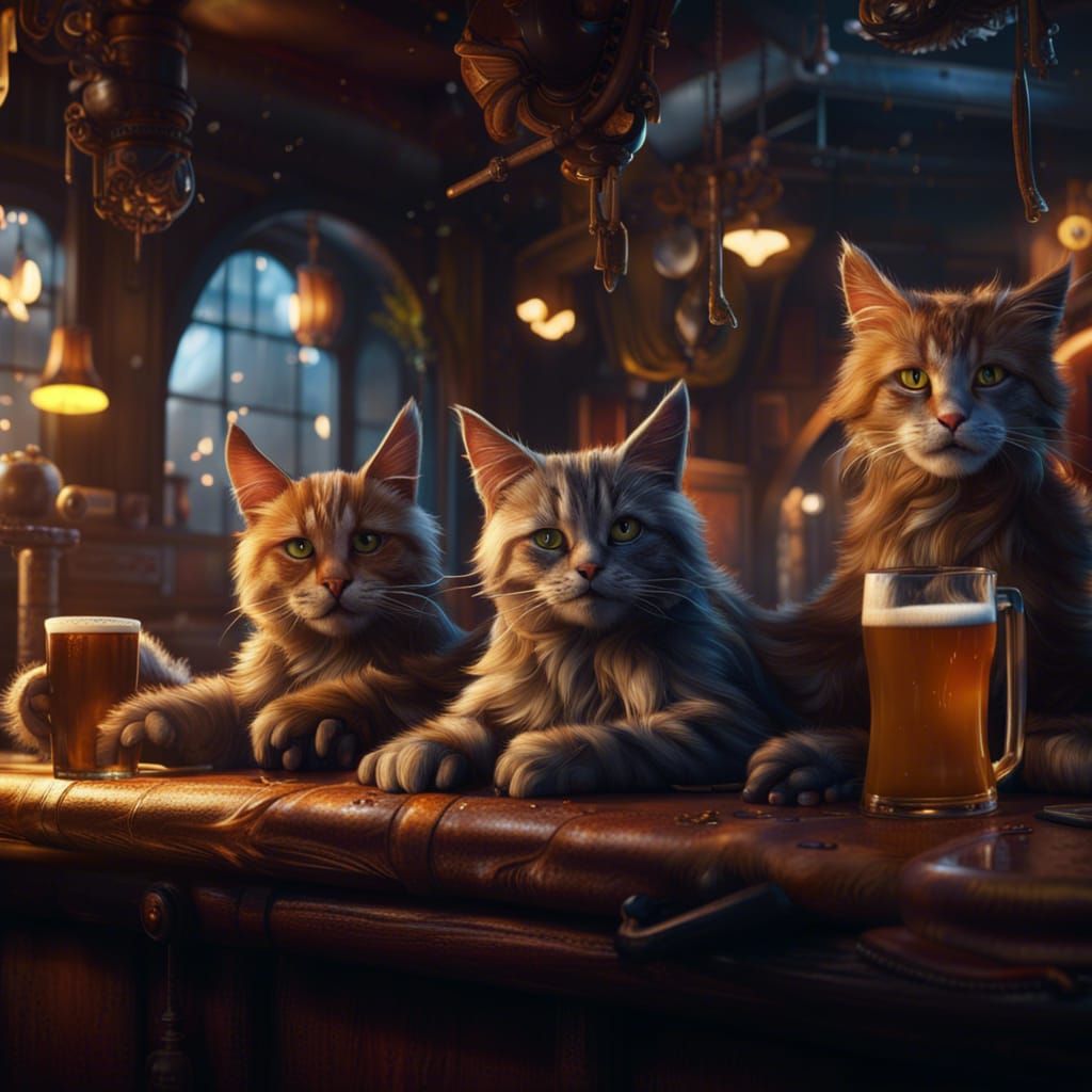 Cats Drinking Beer in Bar: Fantasy Concept Art