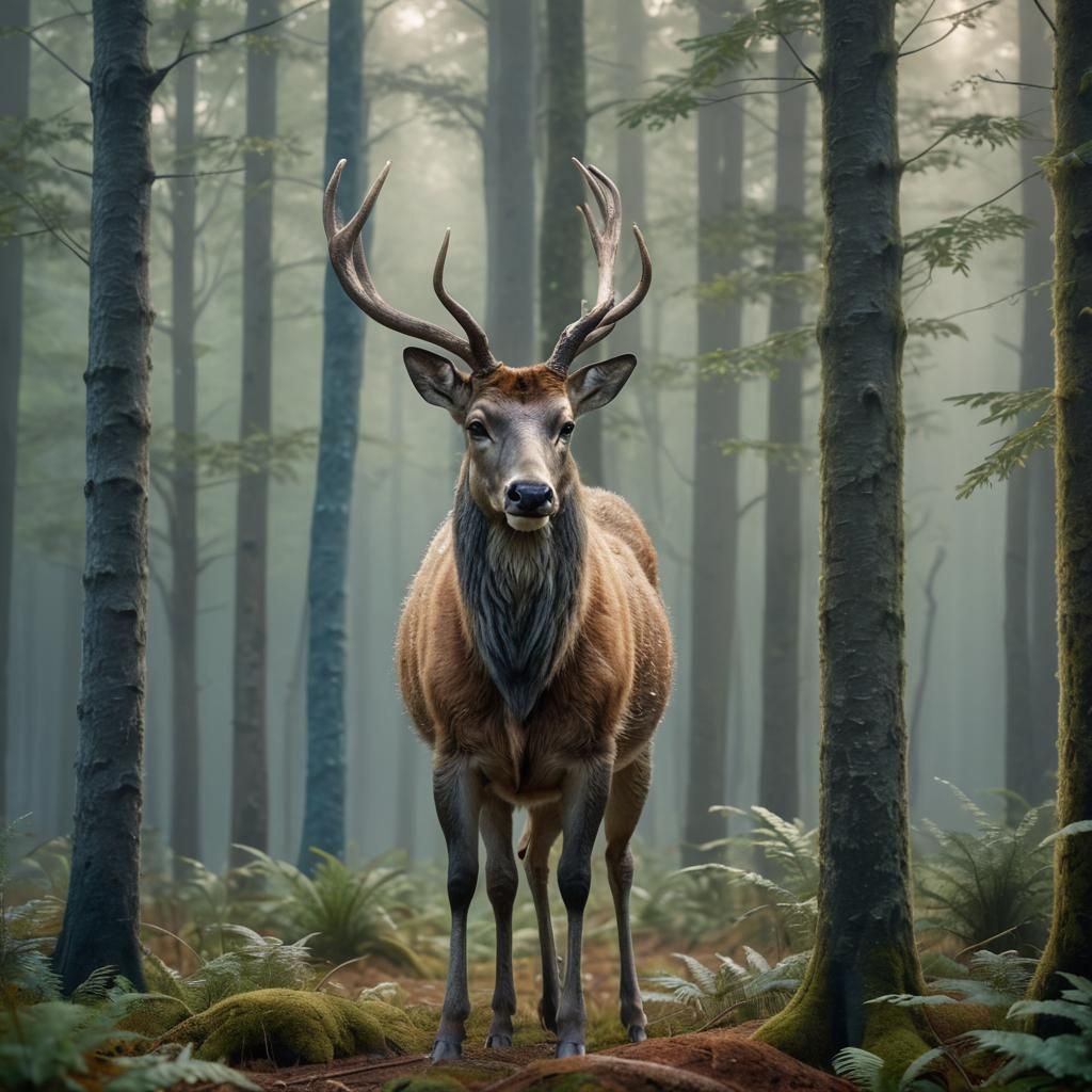Roe Deer in Misty Forest: Hyperrealistic 3D Rendering