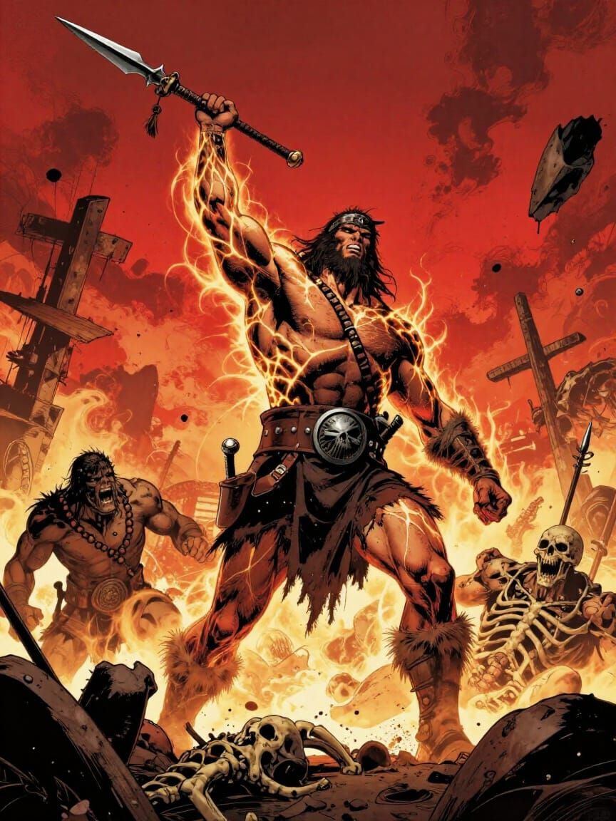 Victorious Barbarian Comic Cover Art in High Contrast Style
