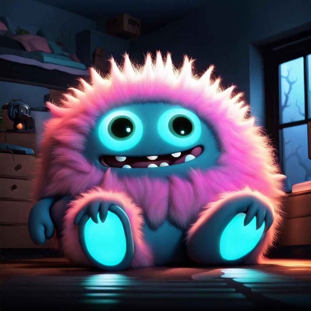 Friendly Bioluminescent Monster Protects Sleeping Child