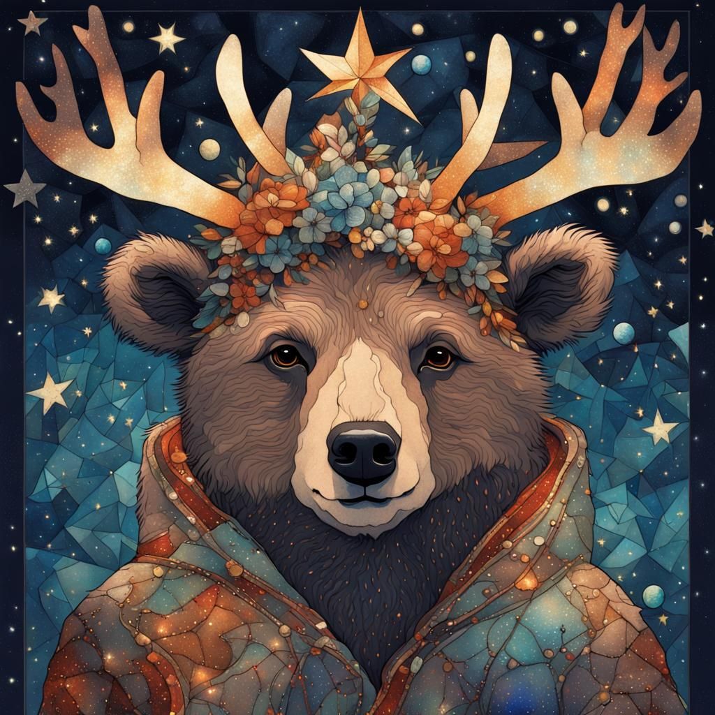 an adorable bear dressed up as reindeer, dark starry night, ...