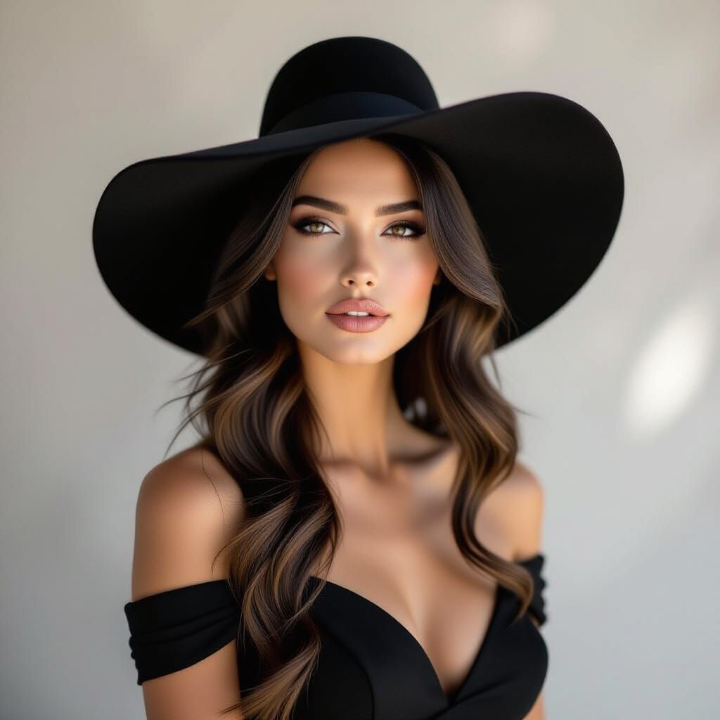 A stylish woman with long, wavy hair wears a large black hat...