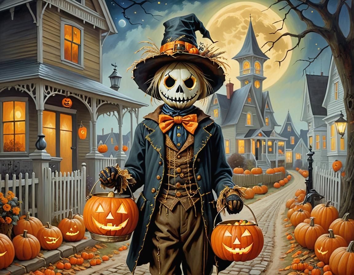 Boy in Scarecrow Costume with Jack-o'-Lantern
