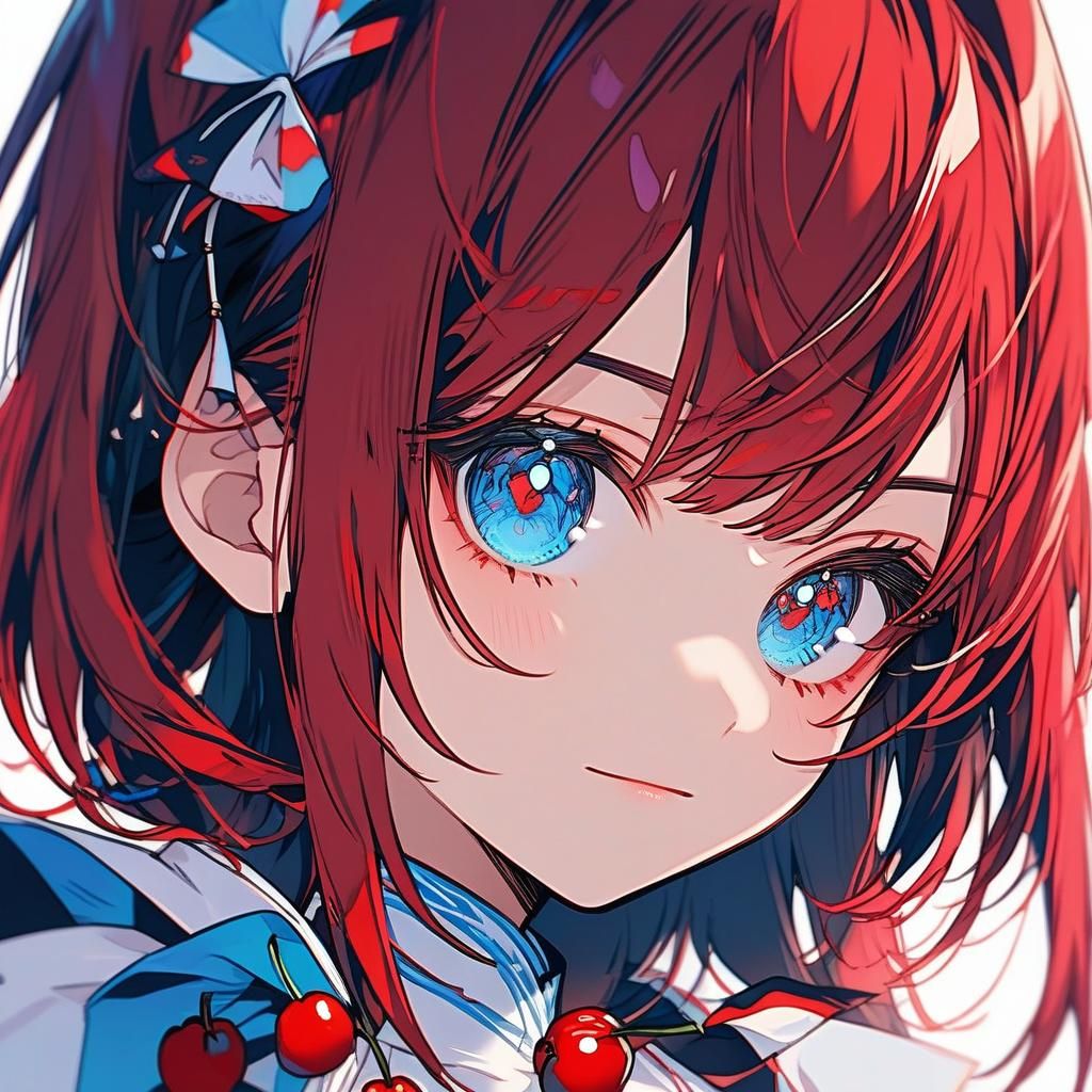 Anime Girl Portrait with Cherry Hair and Blue Eyes