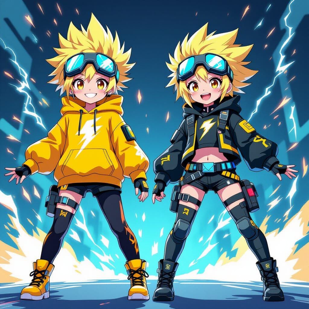 Energetic Anime Twins in Futuristic Outfits
