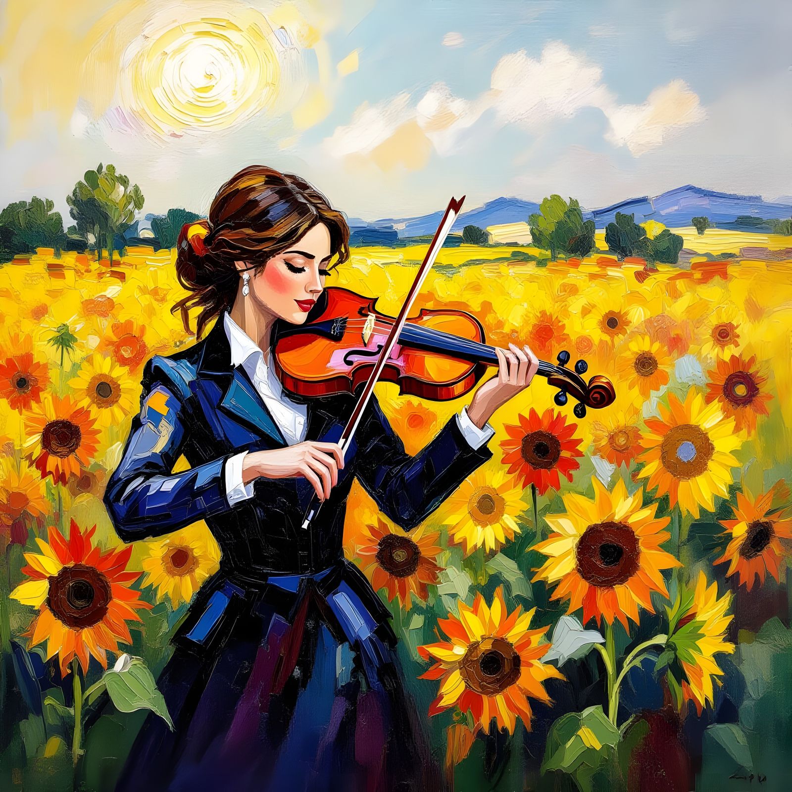 Violin Virtuoso in Sunflower Field, Neo-Impressionist Oil Pa...