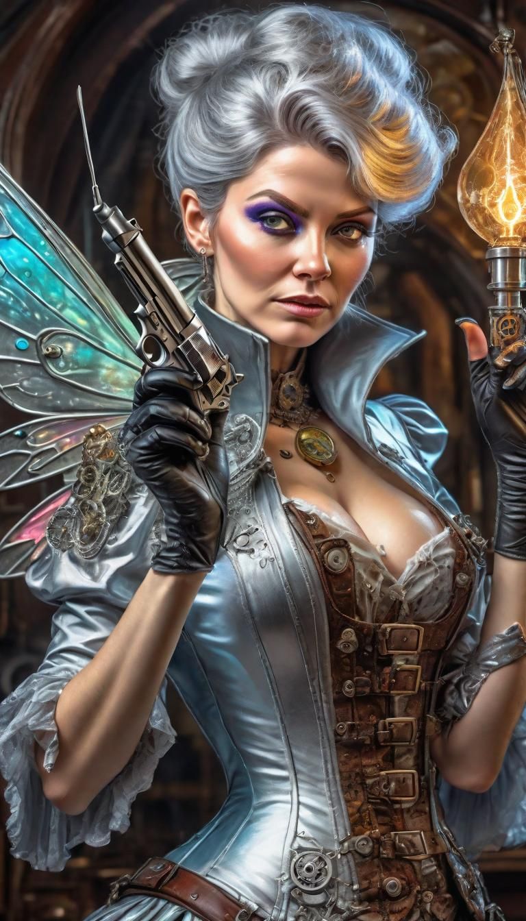 Steampunk Fairy Godmother drawing a silver Aether-pistol on her foe, Hyperrealistic, splash art, concept art, mid shot...
