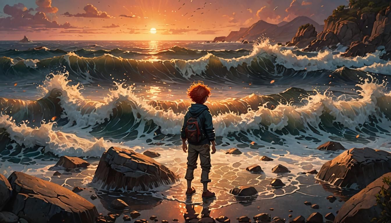 Boy and Golden Fish on Rocky Shore at Sunset