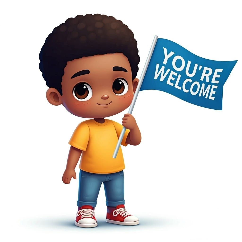 Chibi Black Boy Holding Welcome Flag in 3D