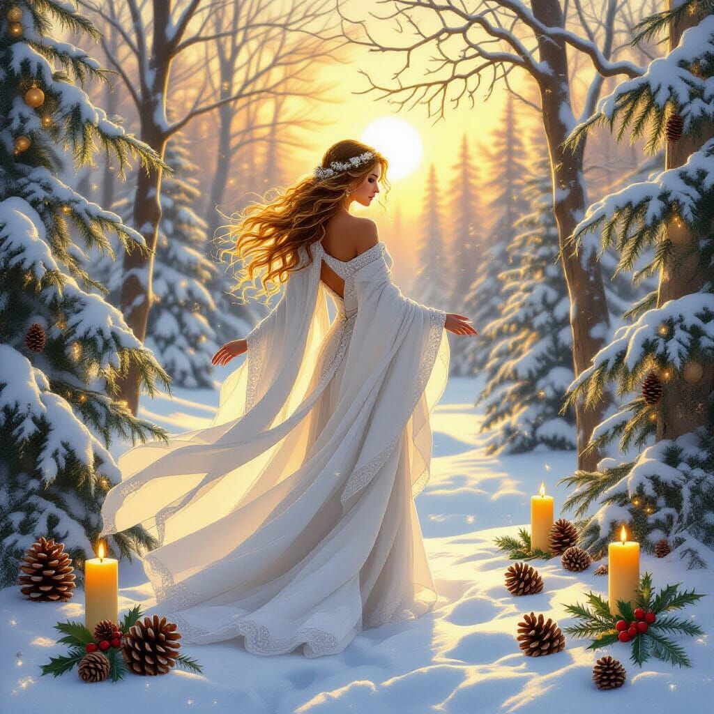 Winter Goddess in Snowy Forest at Dawn