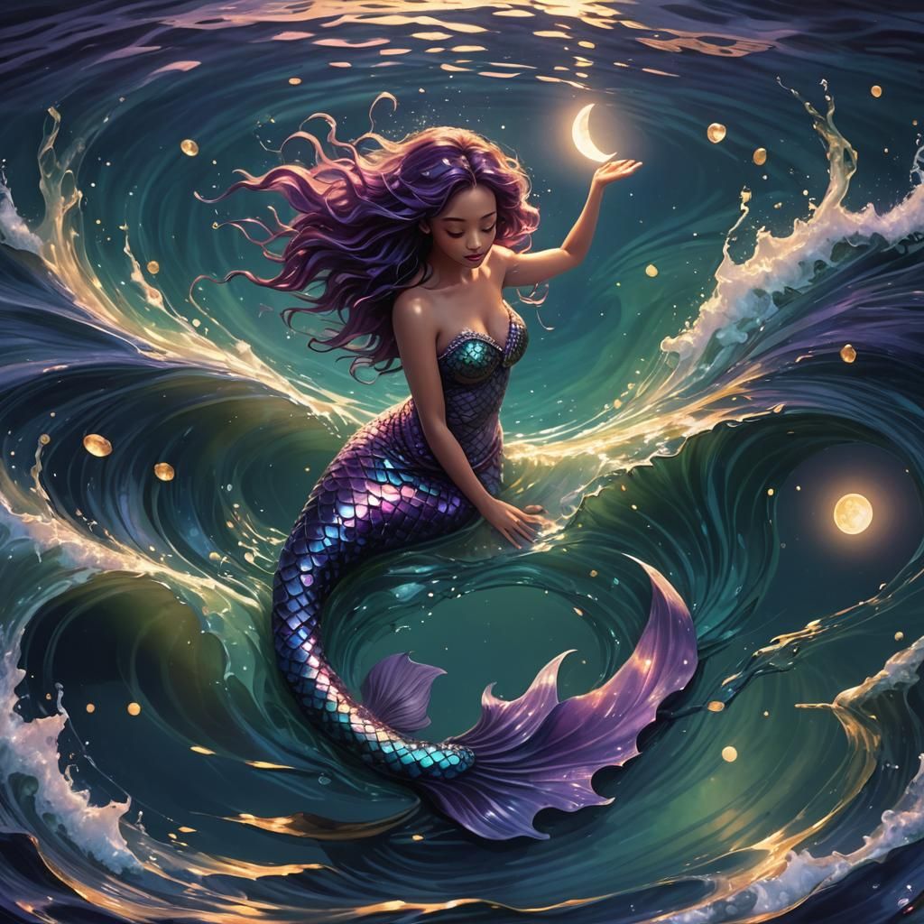 Purple Mermaid Tail Shimmers in Moonlight