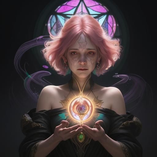 Bleeding Sorceress Casting a Spell in Stained Glass