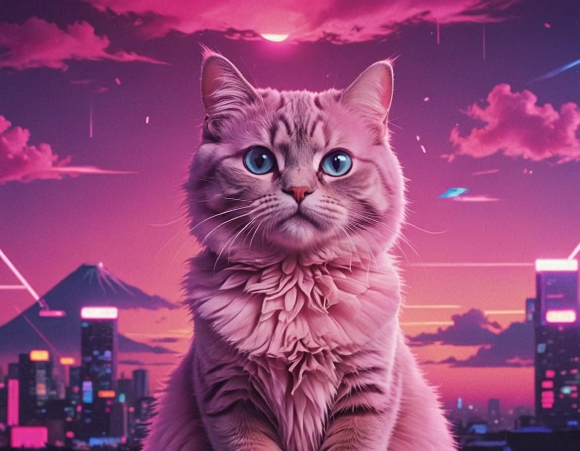 Synthwave Vaporwave Cat Meme with Japanese Subtitles