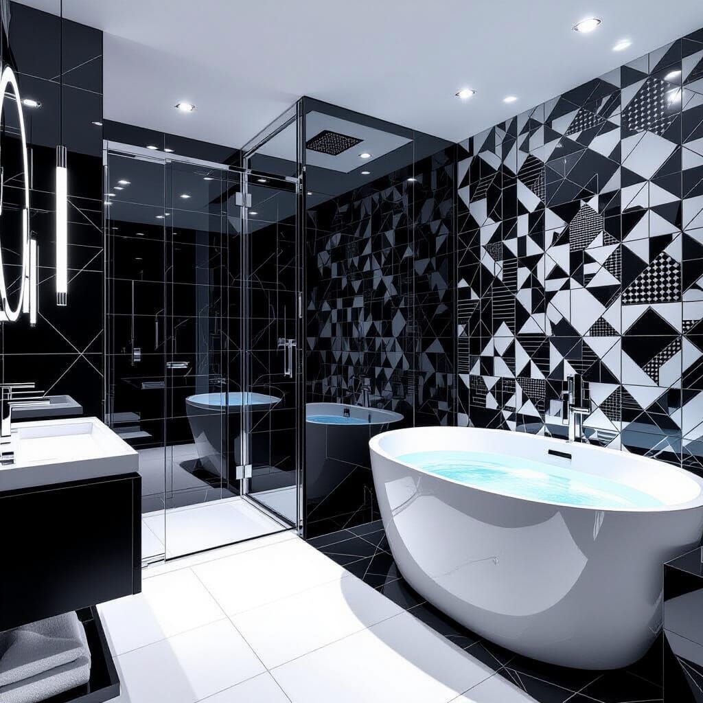 Monochromatic Modern Bathroom with Geometric Tiles