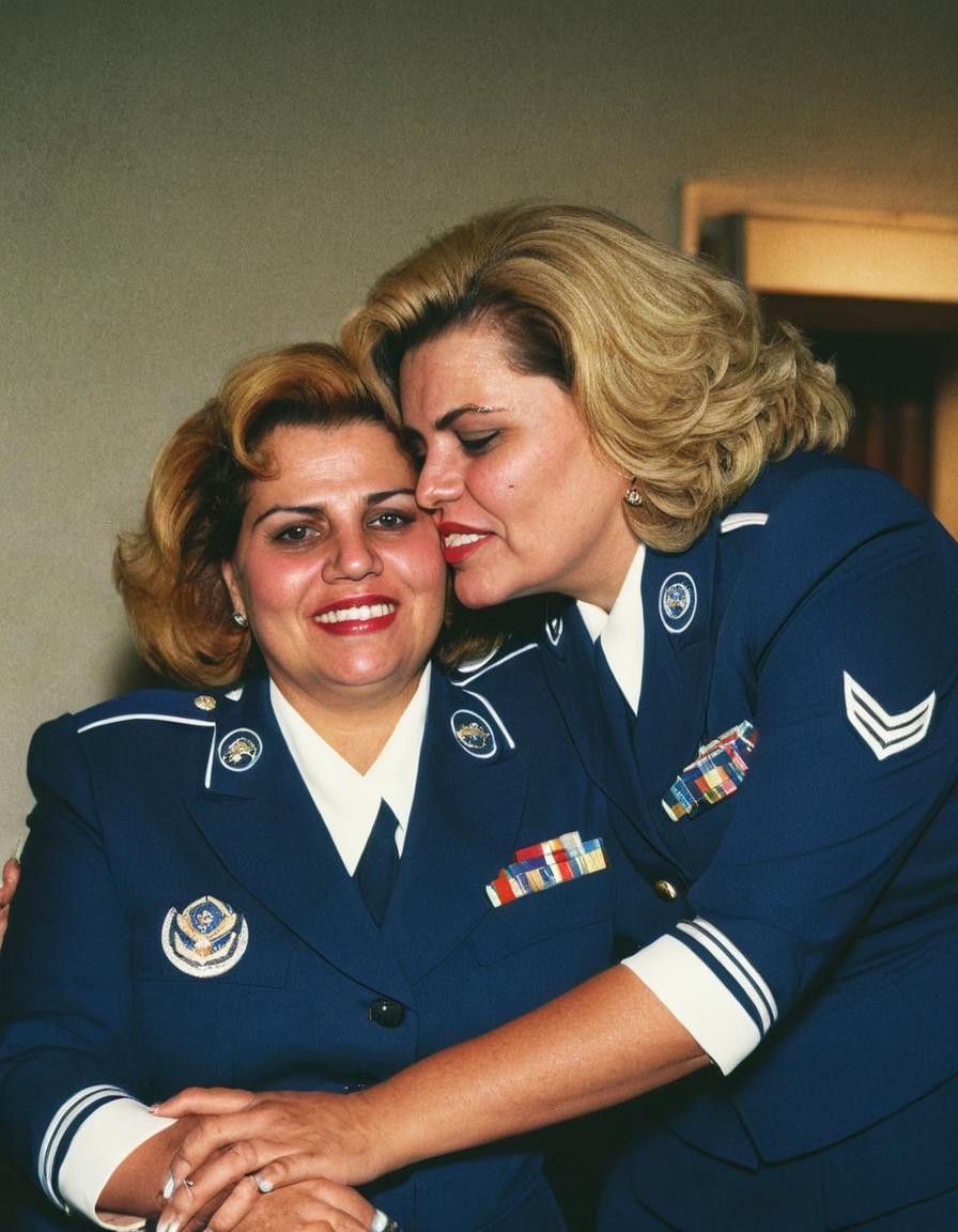 Women in USAF Uniforms Kissing in Mess Hall