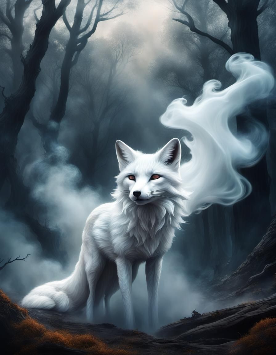 Surreal White Fox Disintegrating in Smoky Forest