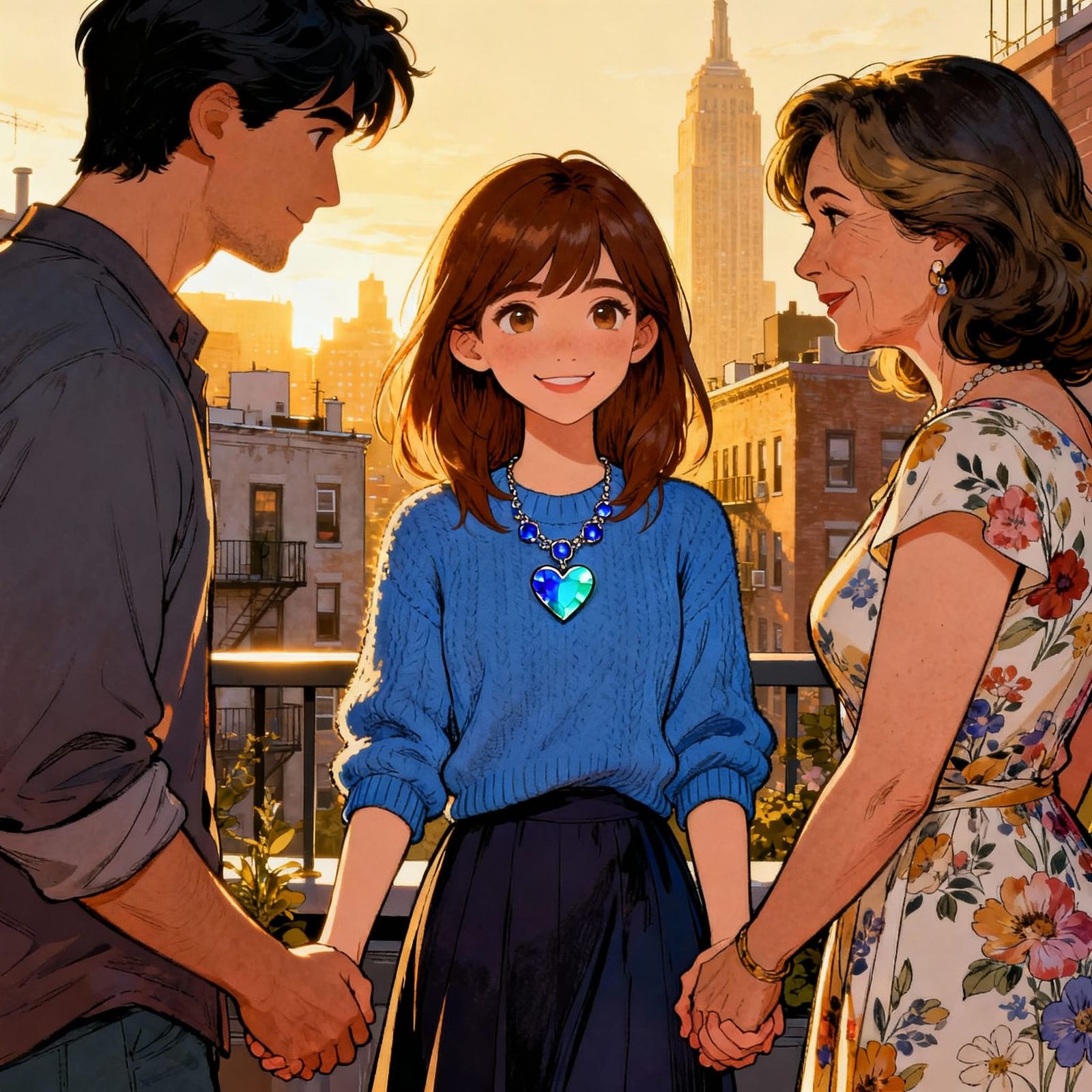 Family Gratitude on Manhattan Rooftop at Golden Hour