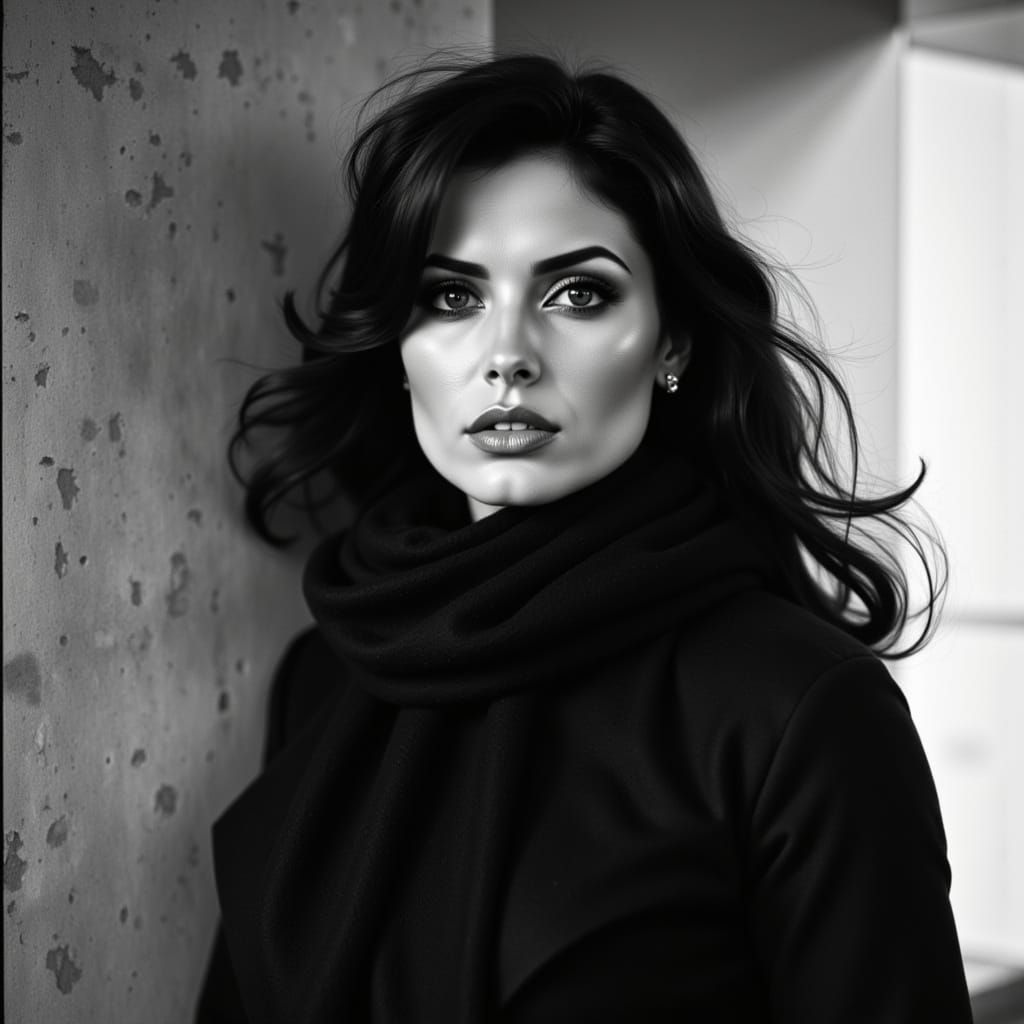 Raquel Welch Black and White Portrait in Brutalist Setting