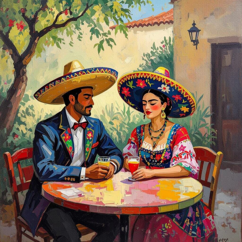 Mexican Couple in Traditional Dress at Cafe