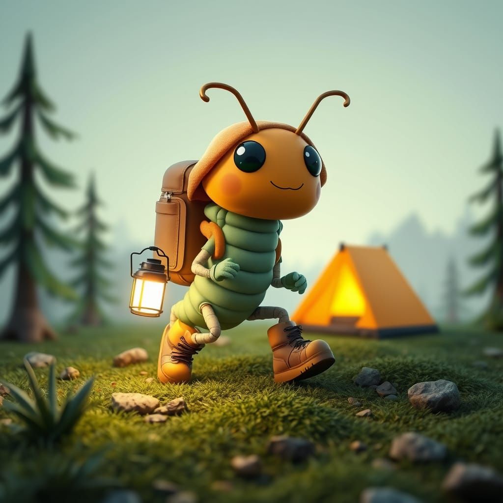 A 3d chibi centipede walking around in hiking boots, carryin...