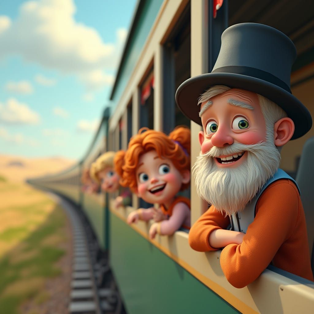 Hyperrealistic Train Scene with Whimsical Characters