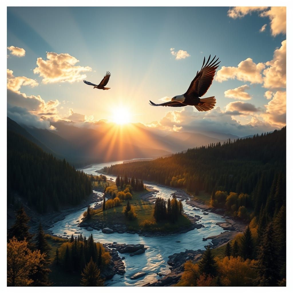 Vibrant Mountain Landscape with Eagles Soaring