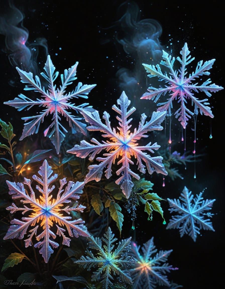 Ethereal Rainbow Snowflakes on Black Canvas