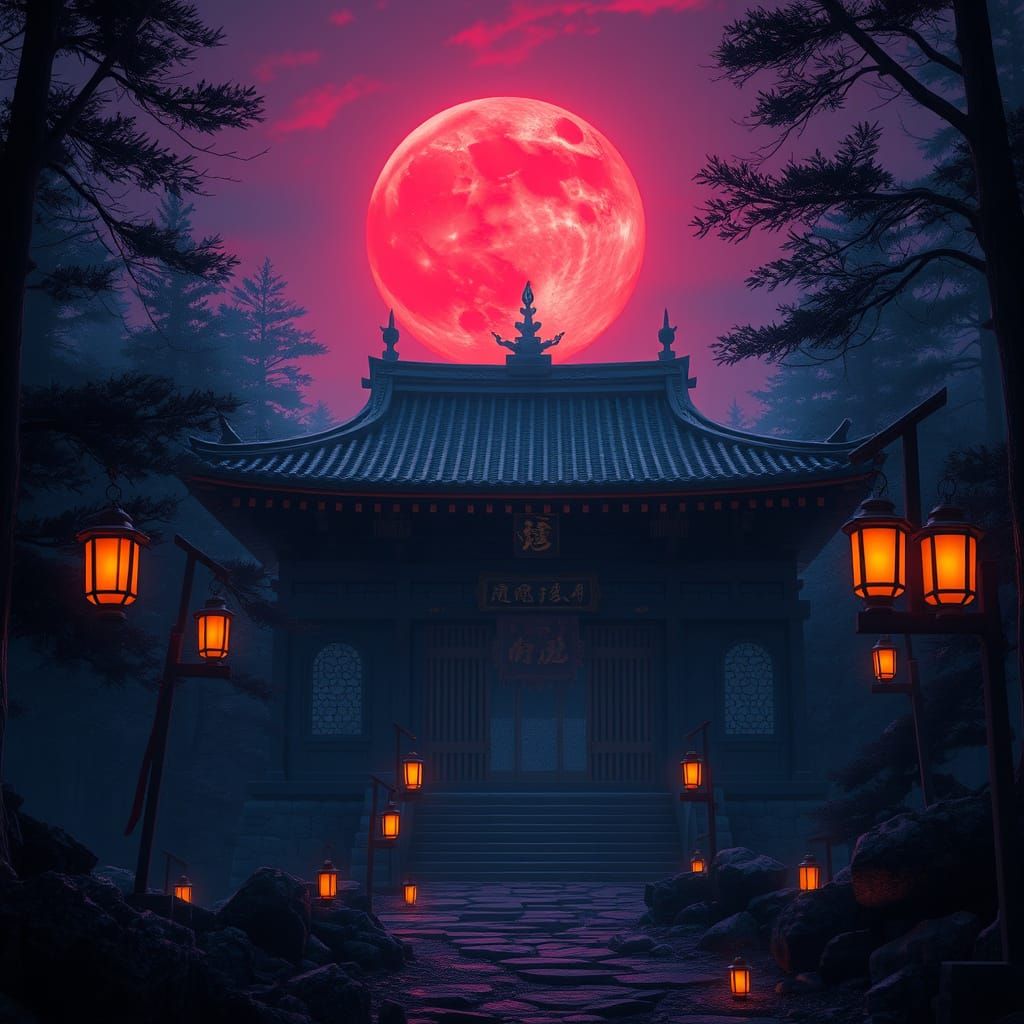 Japanese Dojo Under a Crimson Moonlit Sky