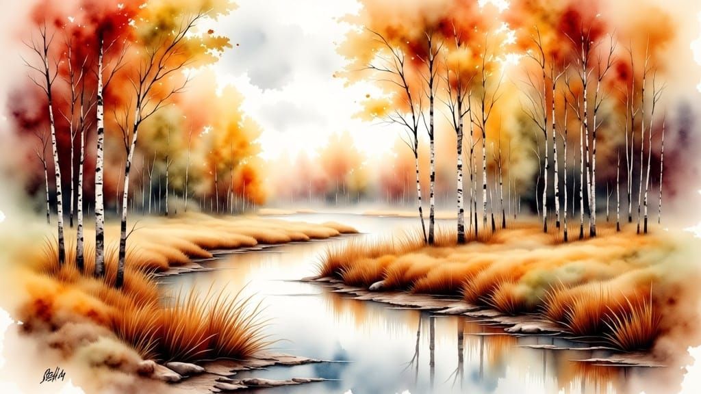 Autumnal Birch Trees in Watercolor Landscape
