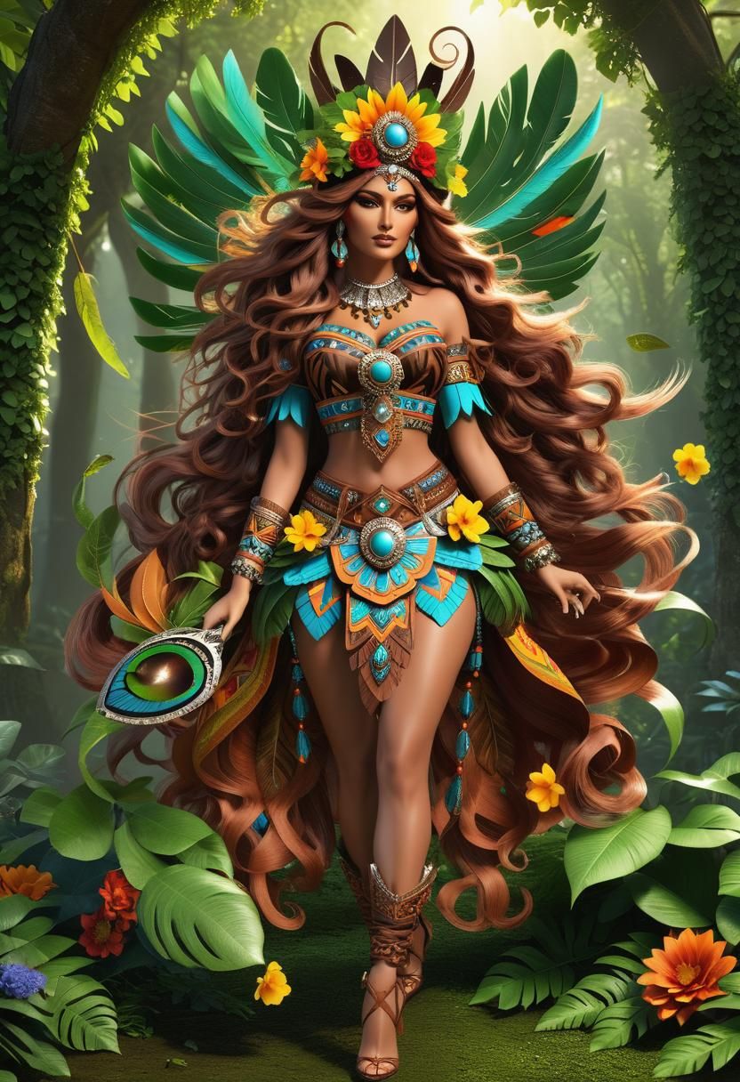 Aztec Witch with Celestial Flowers in Lush Colors