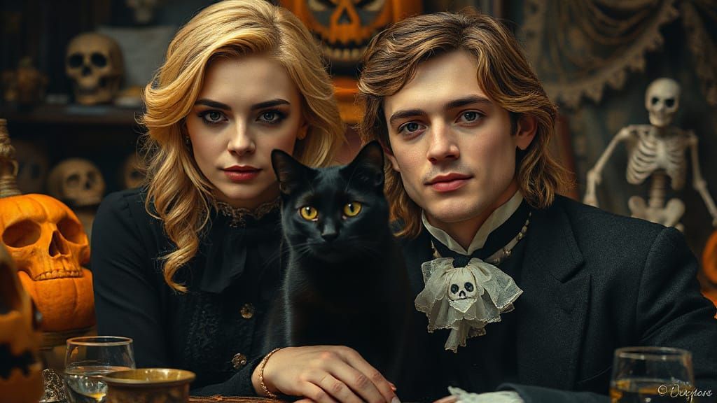 Victorian Couple at Halloween Party: Realistic Oil Painting