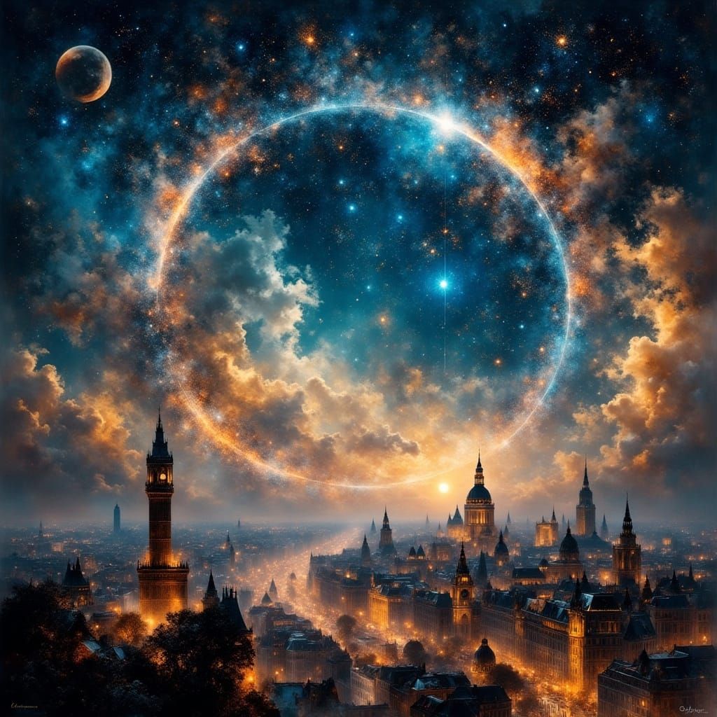 Ethereal Cosmic City Under Starry Skies