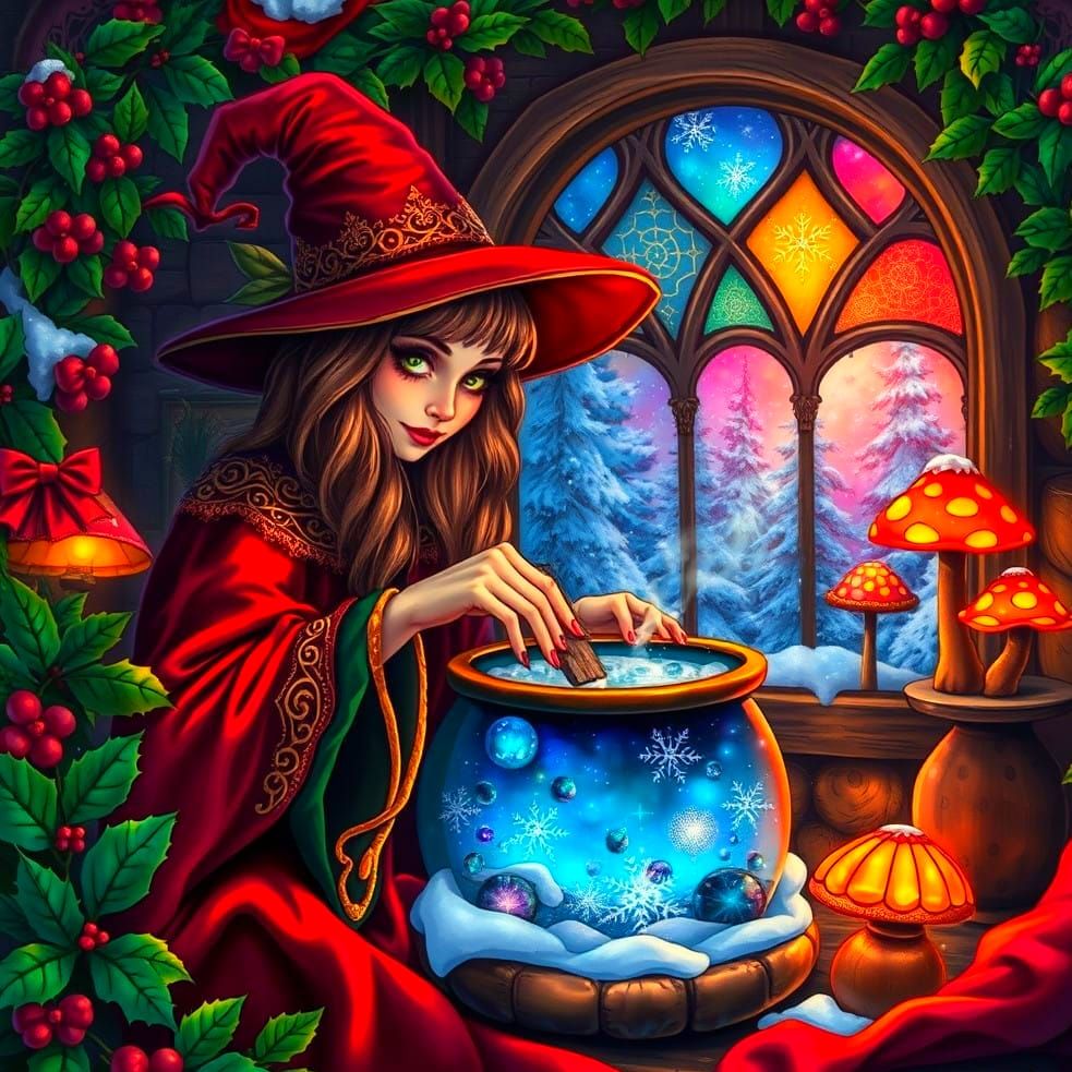 Whimsical Winter Witch in Enchanted Forest Cabin